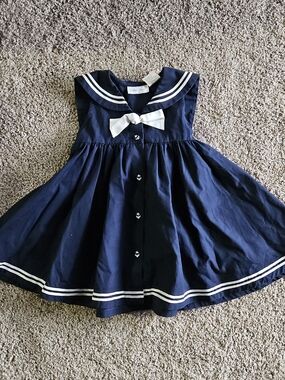 Navy Sailor-Inspired Girls Dress with White Bow